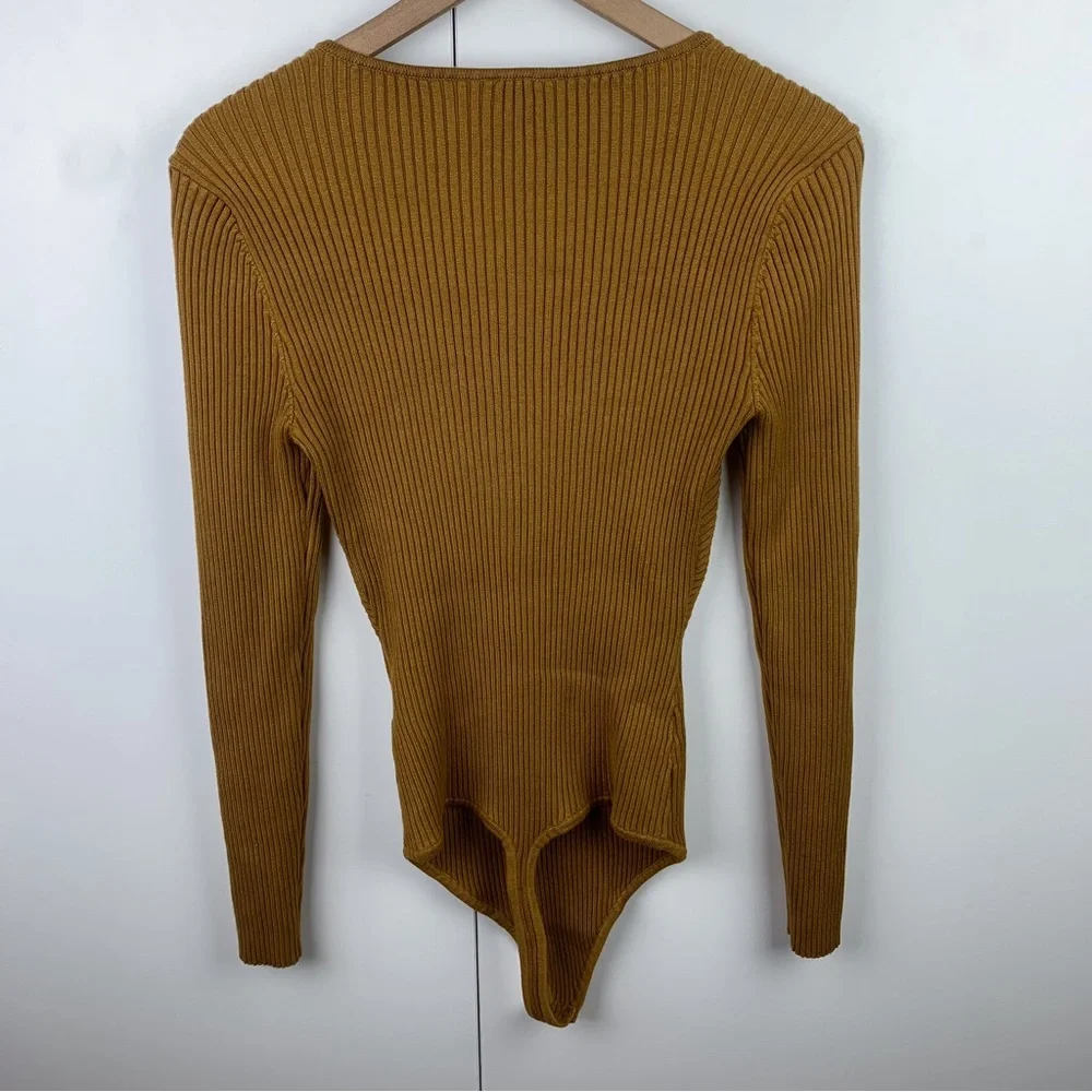 Abercrombie Sweetheart Ribbed Long Sleeve Bodysuit Ochre Large Tan Orange_3